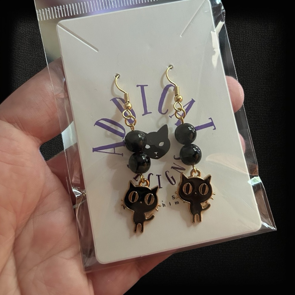 Hand Crafted Earring Cats Obsidian Kitty Black Dangle Pierced - Picture 2 of 8